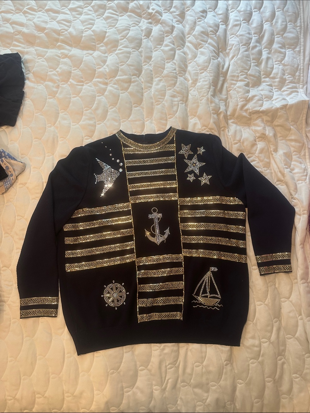St. John Black Sweater with Gold Stripe Panels and Nautical Motifs